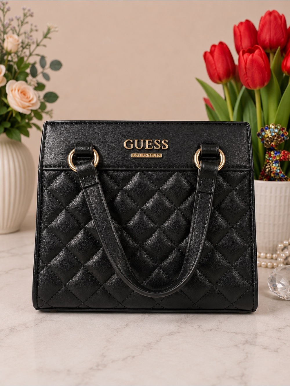 GUESS Small Black Quilted Satchel with Gold Hardware